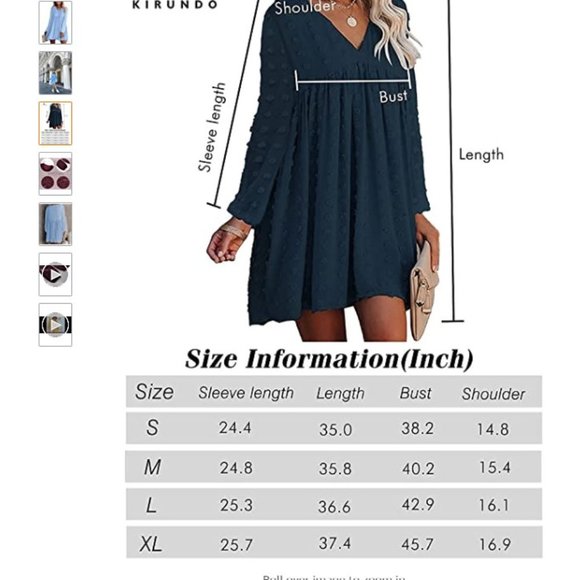 NEW! Swiss Dot Long Sleeve V-Neck Babydoll Mini Dress - Medium - Light Blue - Picture 4 of 6